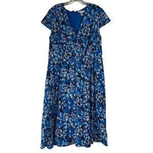 London Times Dress Women's 14W Blue White Black Floral Stretch Short Sleeves Zip